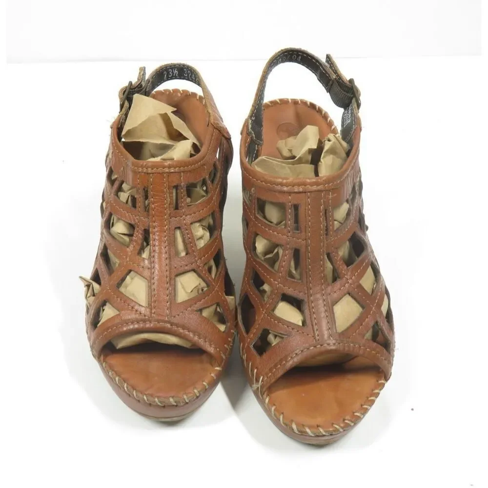 Lobo Solo Slingback Cage Sandals Brown Leather Chunky Wood Heel Brown Size 5